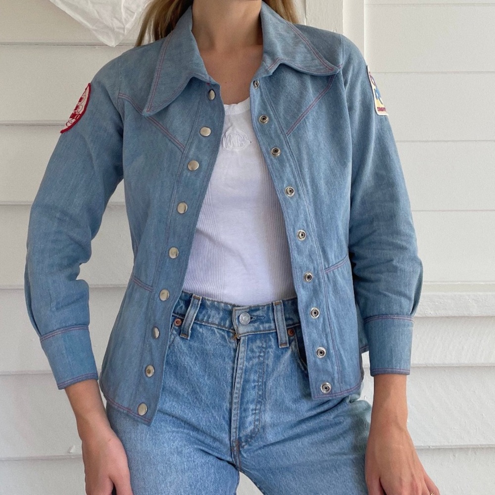 Vintage 70s hand sewn denim snap top w/patches!!